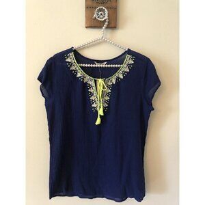 NWT Decree Womens Size M Blue Gauzy Top Embroidered Neckline Short Sleeve